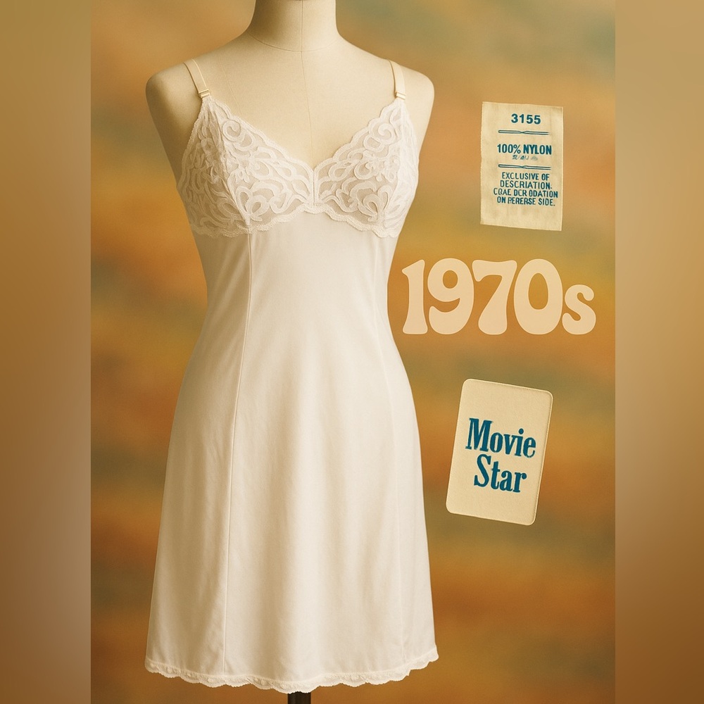 Vintage 70s Movie Star White Lace Slip Sz 34